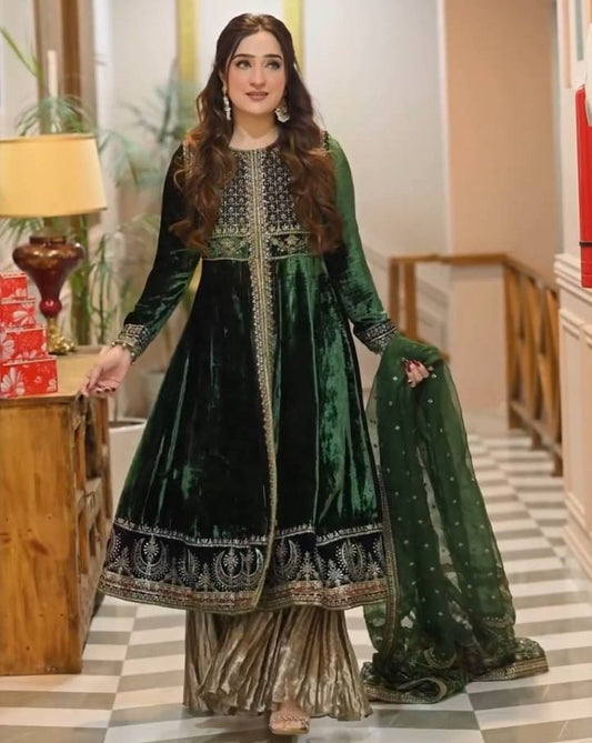 Green velvet wedding plazzo suit
