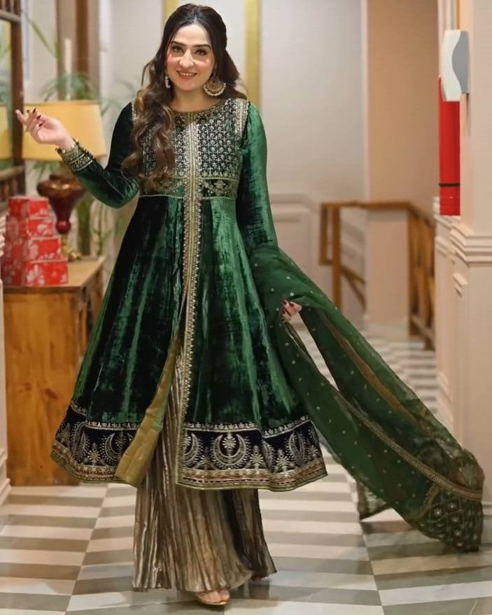Green velvet wedding plazzo suit