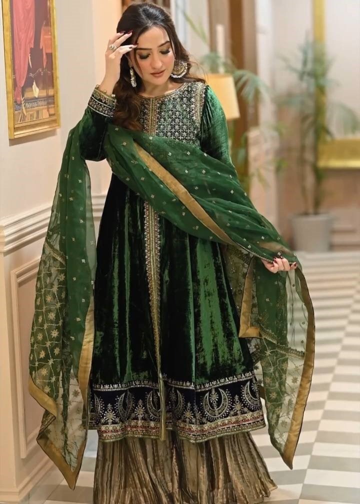 Green velvet wedding plazzo suit