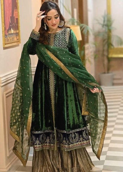 Green velvet wedding plazzo suit