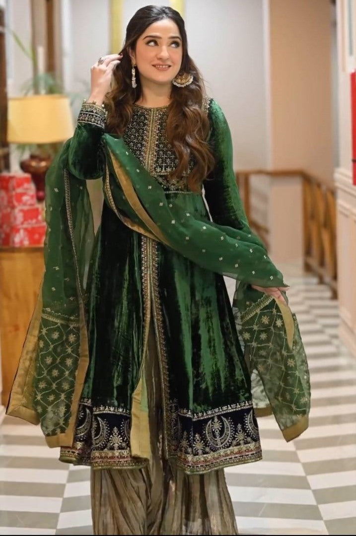 Green velvet wedding plazzo suit