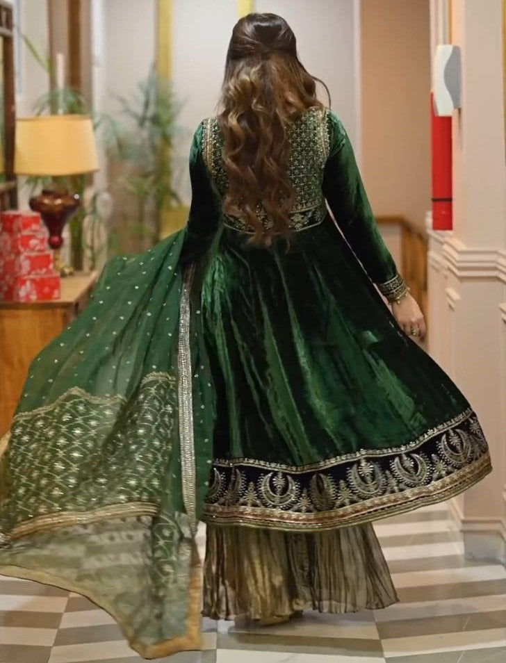 Green velvet wedding plazzo suit