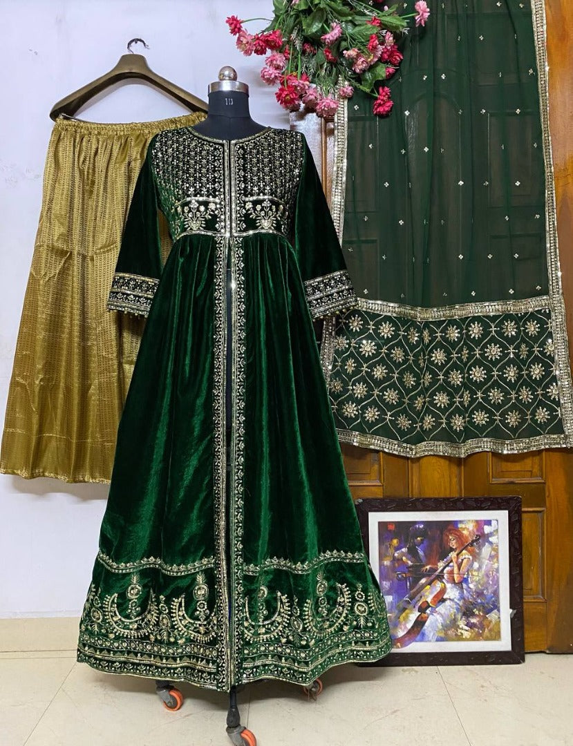 Green velvet wedding plazzo suit