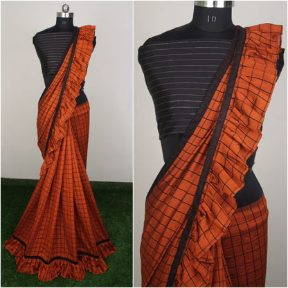 Green vichitra silk chex print saree with ruffle border