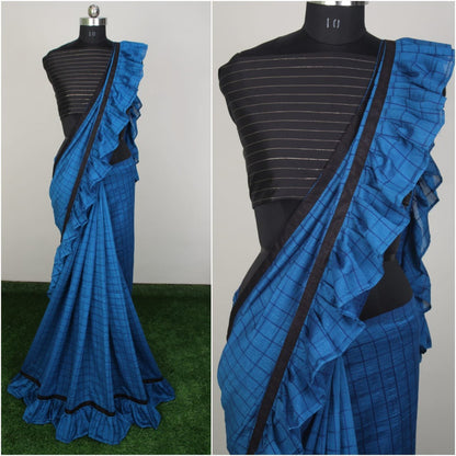 Green vichitra silk chex print saree with ruffle border