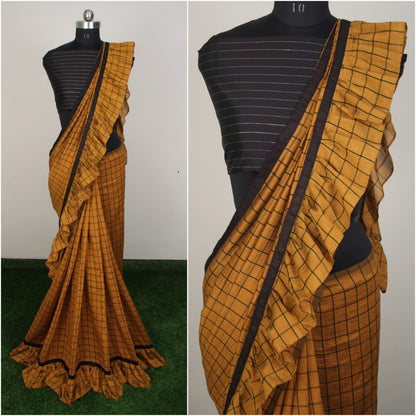 Green vichitra silk chex print saree with ruffle border