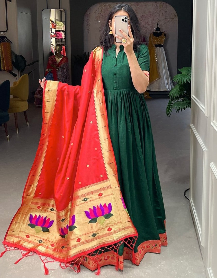 Green vichitra silk jacquard weaving work gown with paithni dupatta