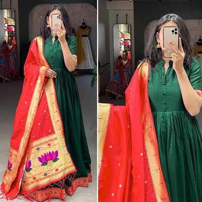 Green vichitra silk jacquard weaving work gown with paithni dupatta