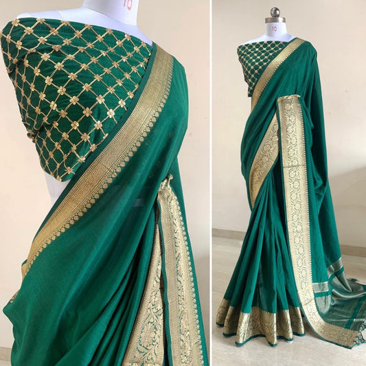 Green vichitra silk woven border and sequence work wedding saree