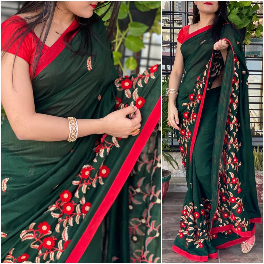 Green vichitra velvet cutwork and glitter sequence saree