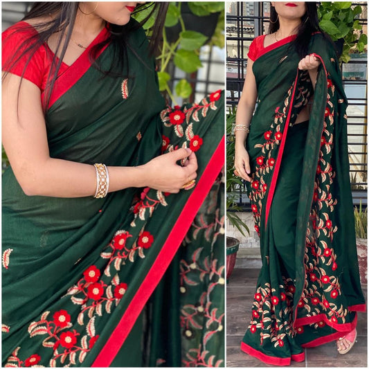Green vichitra velvet cutwork and glitter sequence saree