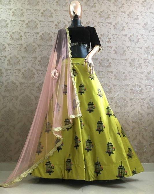 Green zari satin printed lehenga choli for mahendi ceremony