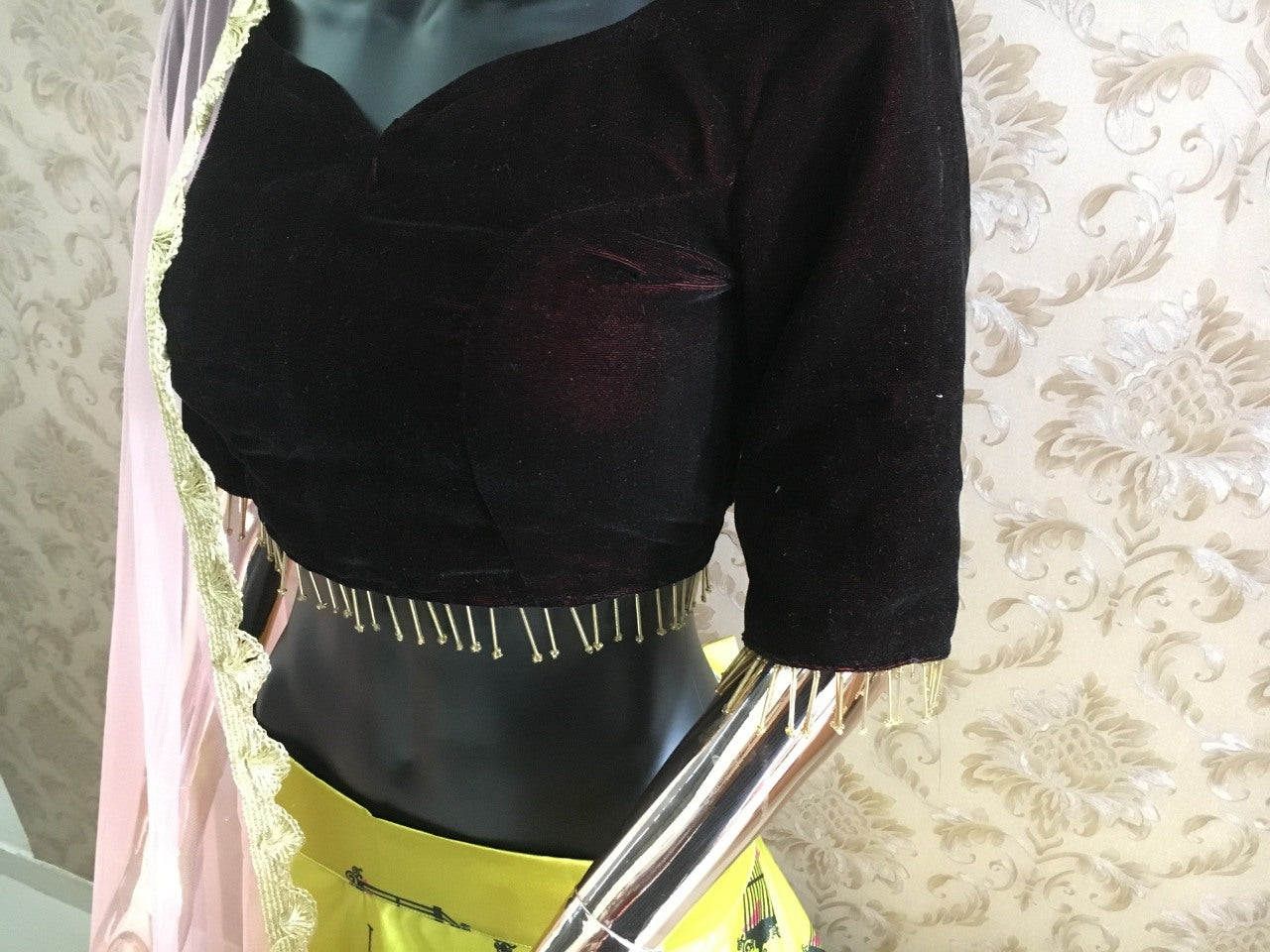 Green zari satin printed lehenga choli for mahendi ceremony