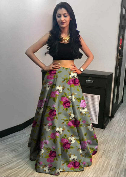 Greenish grey zari satin floral printed lehenga choli