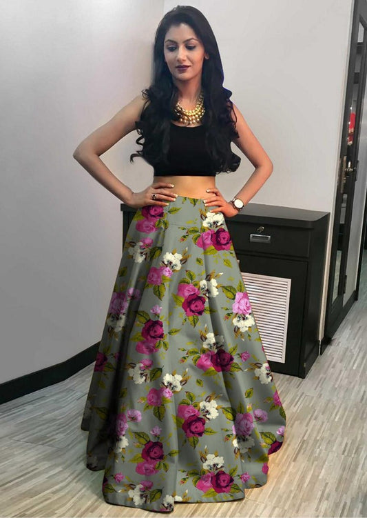 Greenish grey zari satin floral printed lehenga choli