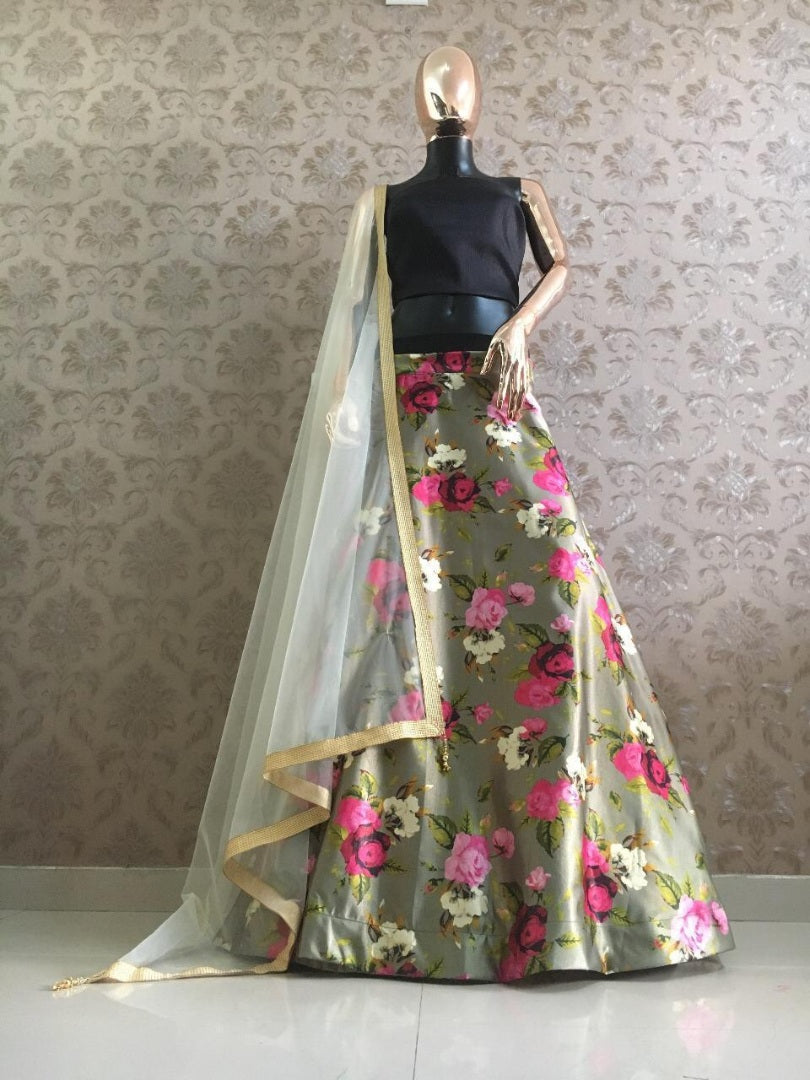 Greenish grey zari satin floral printed lehenga choli