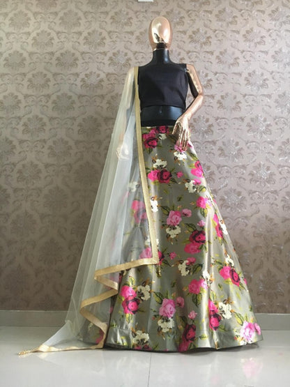 Greenish grey zari satin floral printed lehenga choli