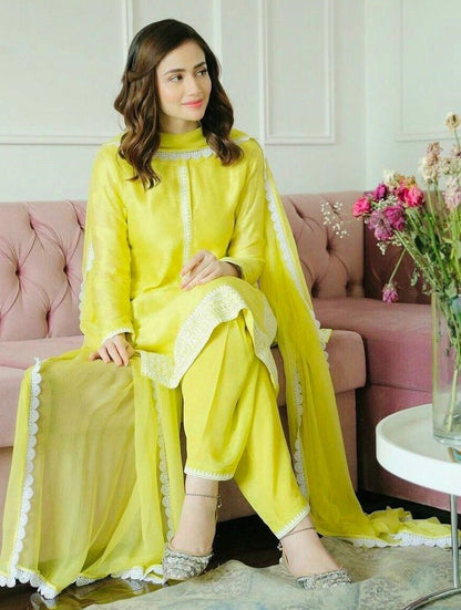 Greenish yellow chanderi cotton salwar suit