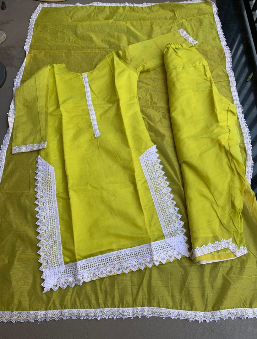 Greenish yellow chanderi cotton salwar suit