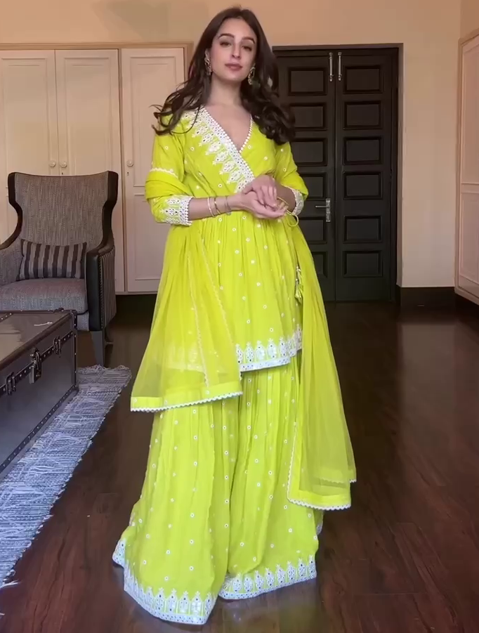 Greenish yellow embroidery work sharara suit
