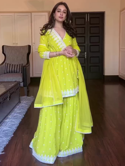 Greenish yellow embroidery work sharara suit