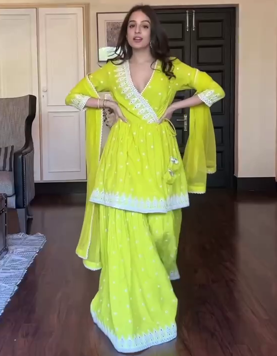 Greenish yellow embroidery work sharara suit