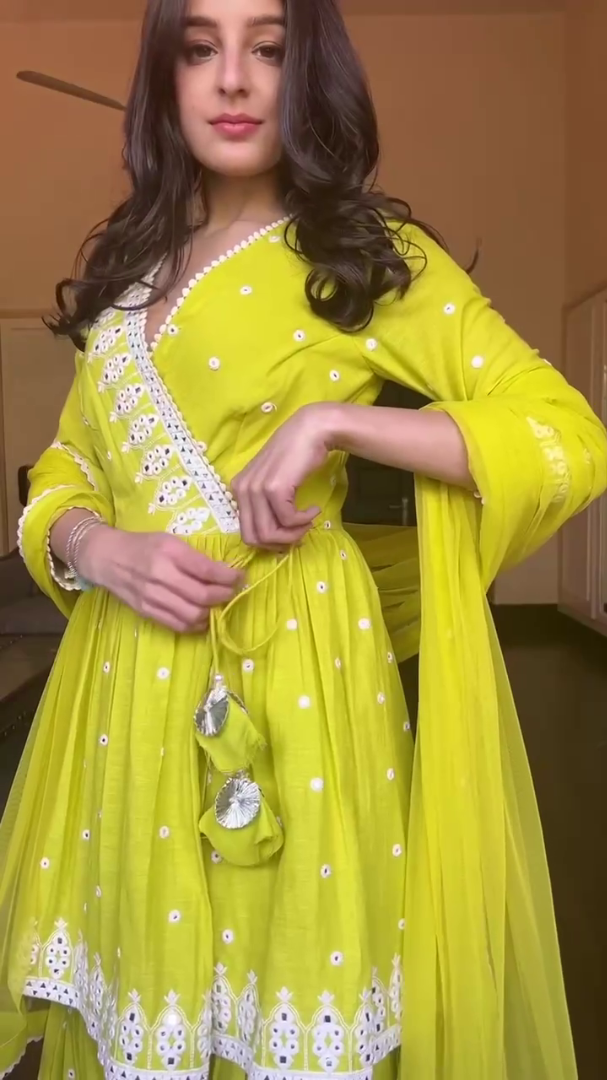 Greenish yellow embroidery work sharara suit