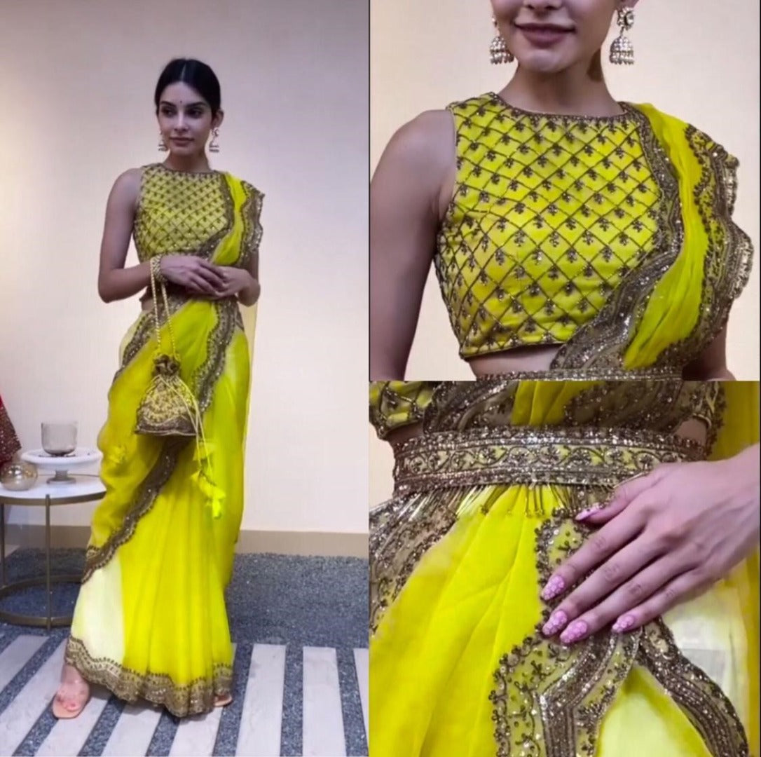 Greenish yellow organza sequence embroidered work saree