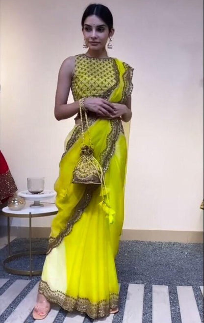 Greenish yellow organza sequence embroidered work saree