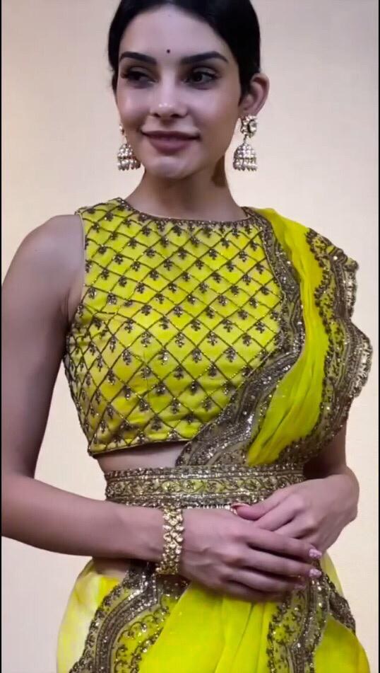 Greenish yellow organza sequence embroidered work saree