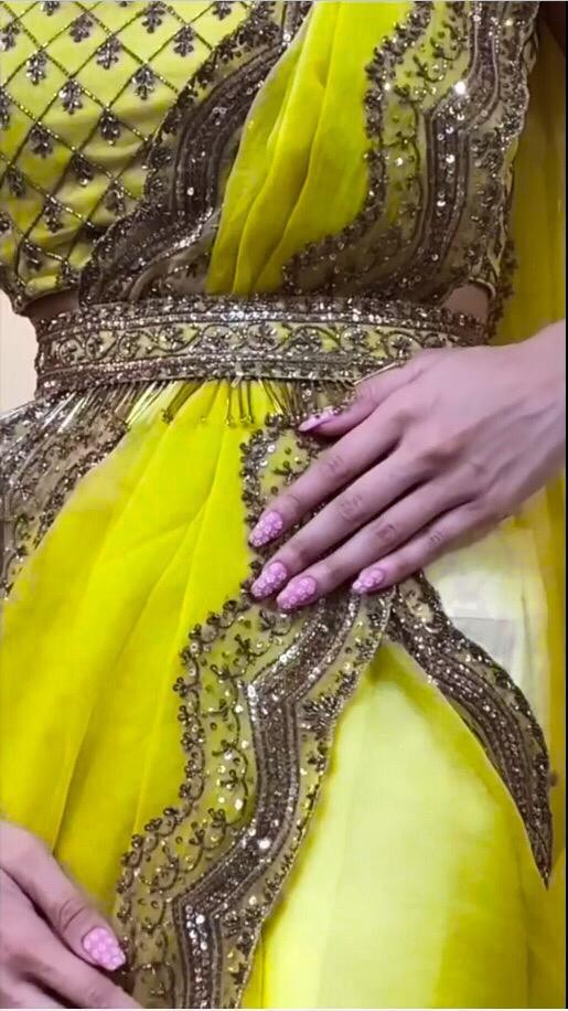 Greenish yellow organza sequence embroidered work saree