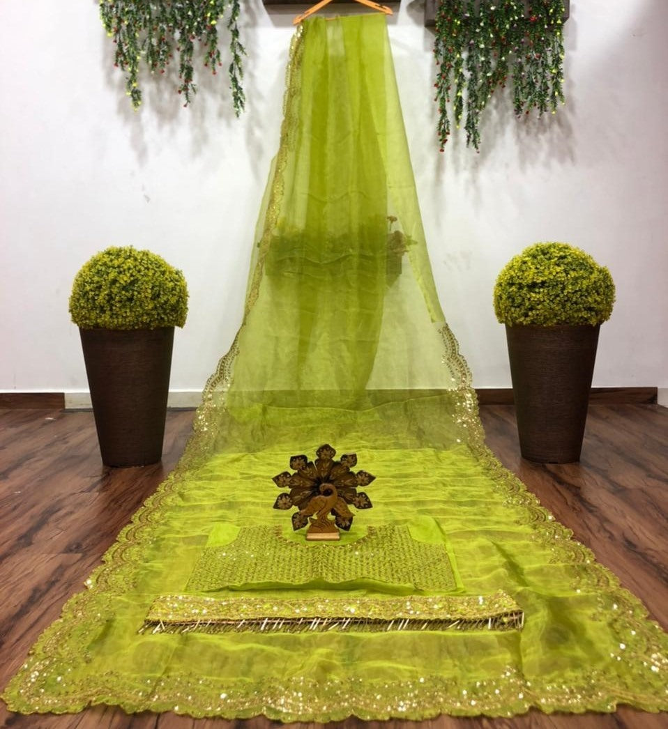 Greenish yellow organza sequence embroidered work saree