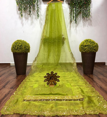 Greenish yellow organza sequence embroidered work saree