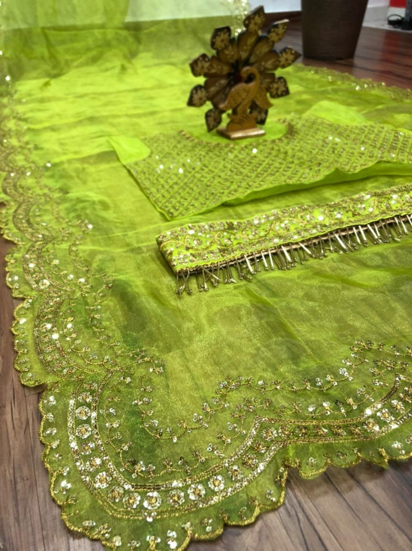 Greenish yellow organza sequence embroidered work saree