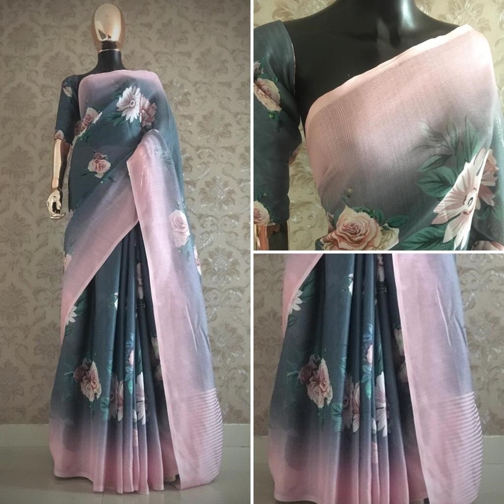Grey and baby pink flower printed jute saree