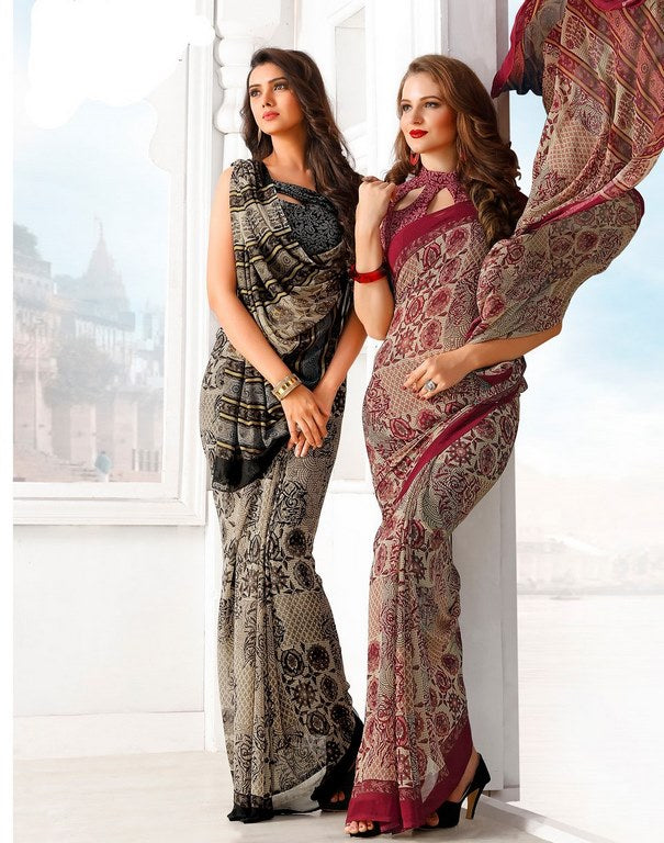 Grey & Black Colored Lesar Georgette Digital Printed Saree