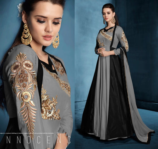 Grey & Black Colored Soft tapeta silk Zari & Resham Embroidery with Stone and Moti Work Semi Stitched gown
