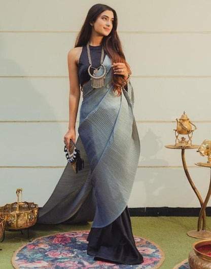 Grey and black crushed shiny silk designer half half saree