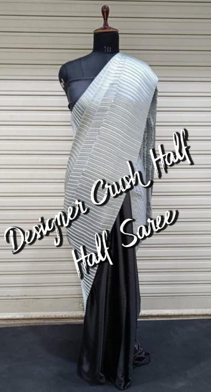 Grey and black crushed shiny silk designer half half saree