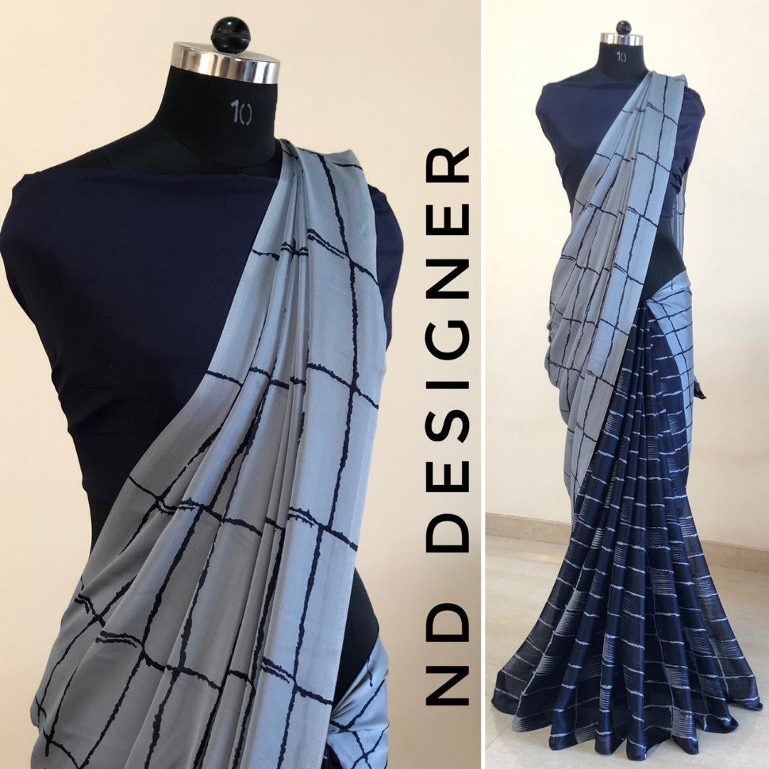 Grey and black rangoli silk chex printed half half saree