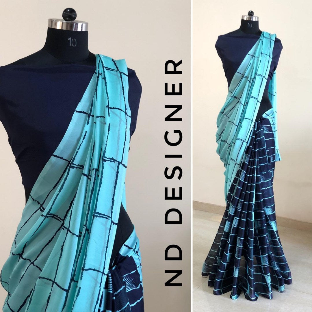 Grey and black rangoli silk chex printed half half saree