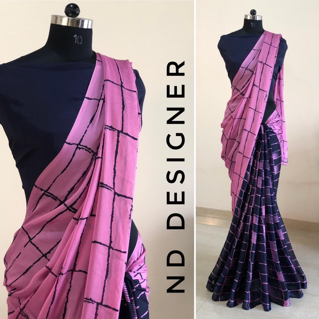 Grey and black rangoli silk chex printed half half saree