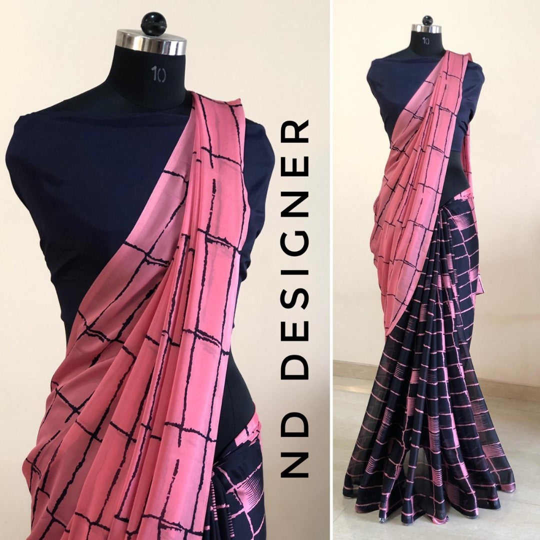 Grey and black rangoli silk chex printed half half saree