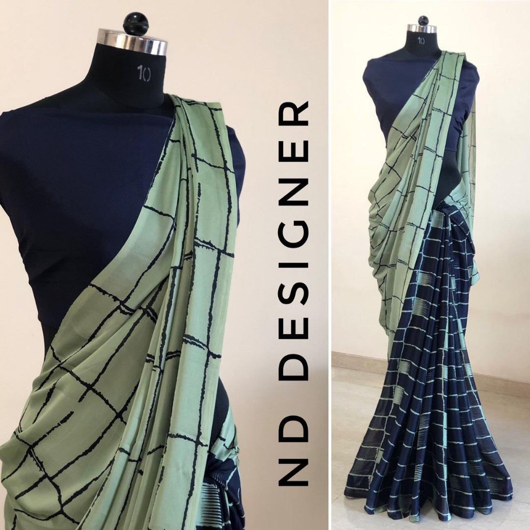 Grey and black rangoli silk chex printed half half saree