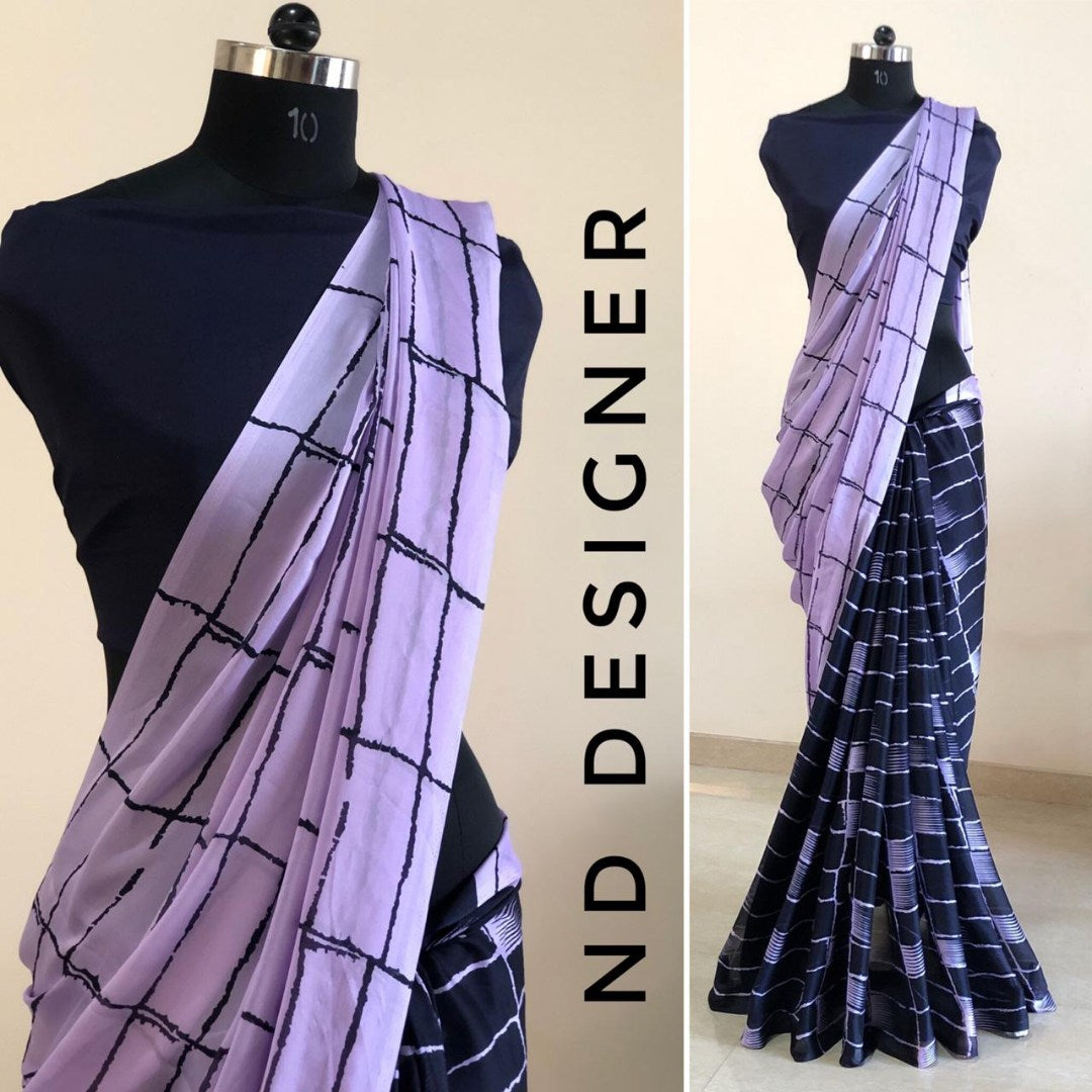 Grey and black rangoli silk chex printed half half saree