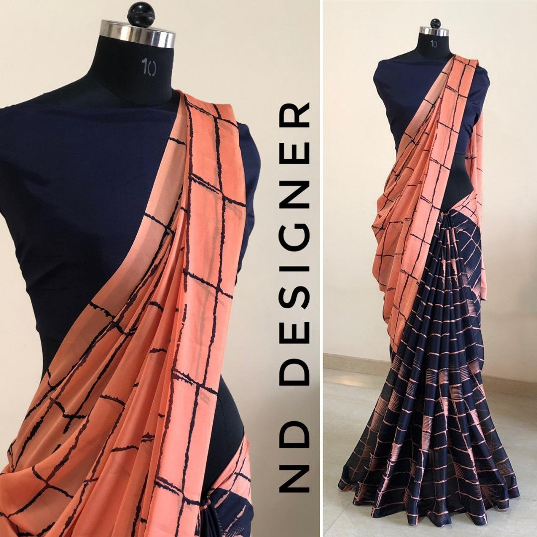 Grey and black rangoli silk chex printed half half saree