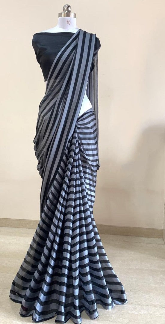 Grey and black strip satin chiffon saree
