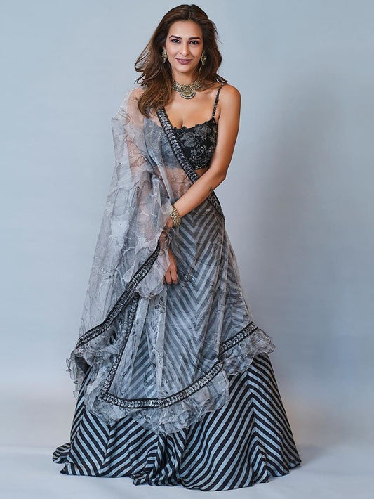 Grey and black zig zag digital printed lehenga choli