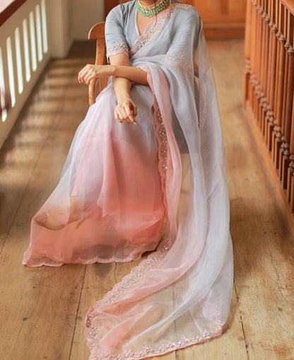 Grey and peach organza thread embroidery work saree