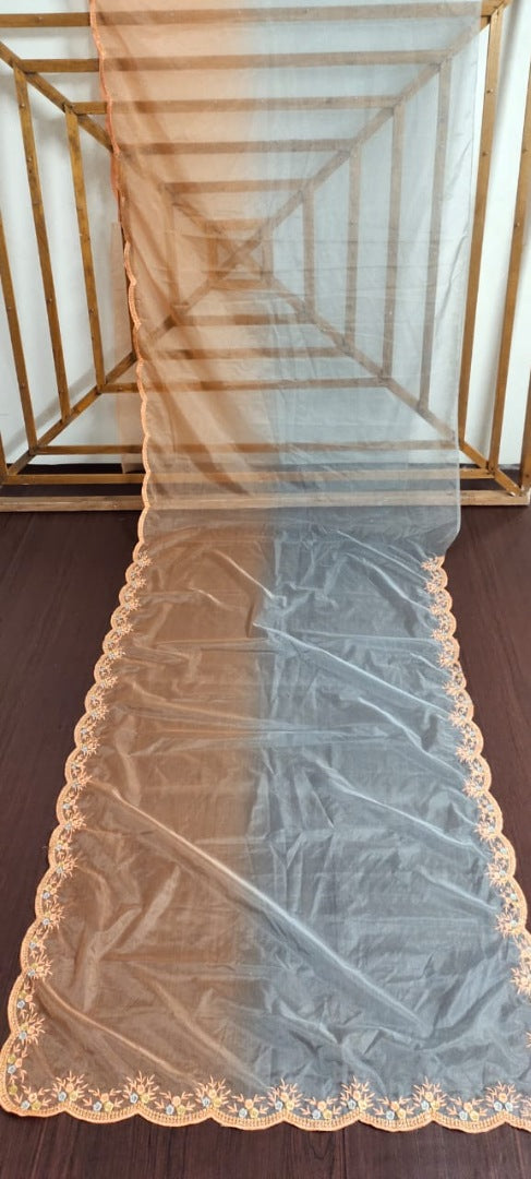 Grey and peach organza thread embroidery work saree